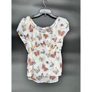 Mudd Butterfly Print Blouse Womens Large White Good Flutter Sleeve Chiffon Top